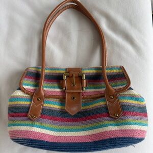 Striped Multicolor Woven Tote Bag with Brown Leather Trim